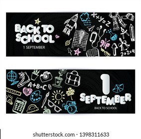 Back to school promo banner design. Vector black chalkboard background color crayons and pencils. Hand drawn doodle sketches with school goods.