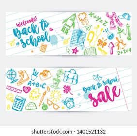 Back to school promo banner design. Vector background color crayons and pencils. Hand drawn doodle sketches with school goods.