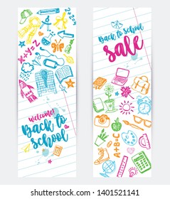 Back to school promo banner design. Vector background color crayons and pencils. Hand drawn doodle sketches with school goods.