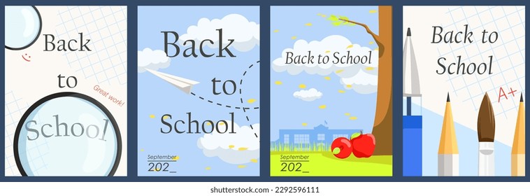 Back to school promo flyer collection with school supplies. School information pages with text set. Education template of flyer, magazines, posters, book cover, banner, brochure. Vector illustration 