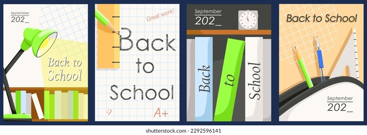 Back to school promo flyer collection with school supplies. School information pages with text set. Education template of flyer, magazines, posters, book cover, banner, brochure. Vector illustration 