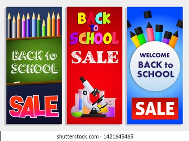 Back to school promo flyers set. Sale posters design with microscope, lab tubes, pencils and chalkboard. Vector illustration can be used for banners, flyers, signs