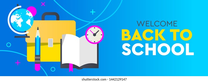 Back to School promo horizontal banner. Vector illustration for poster, web, landing page, cover, ad, greeting, card, social media, promotion.