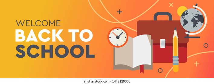 Back to School promo horizontal banner. Vector illustration for poster, web, landing page, cover, ad, greeting, card, social media, promotion.