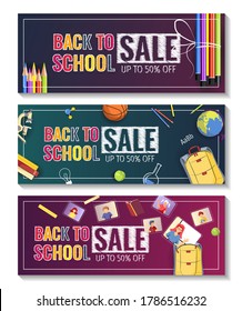 Back to school promo sale banner set with school supplies. Education, E-learning, Kids classes, Stationery store concept. Vector illustration for poster, banner, discount, special offer.