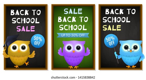 Back to school promotion posters set. Sale flyers design with multicolored owls in graduation hat, chalkboard and 50% off stickers. Vector illustration can be used for banners, flyers, signs