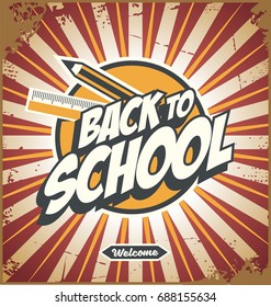 Back to school promotional poster design template with school accessories and creative typography. Vector advertising for school supplies shop.