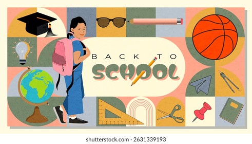Back to school promotions  design concept, school supplies, student girl, backpack, education icons, colorful flat design; ideal for school promotions or academic season campaigns.