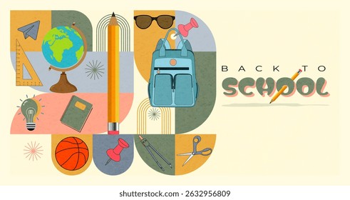 Back to school promotions  geometrical modern style design, school supplies,  backpack, education icons, for school promotions or academic season campaigns.