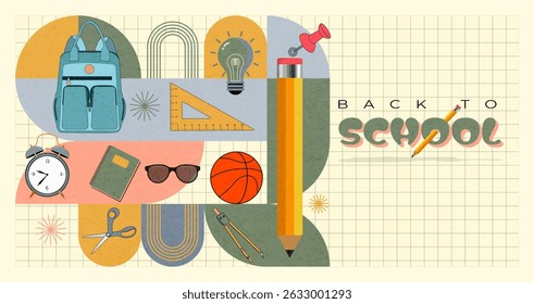 Back to school promotions  geometrical modern style design, school supplies,  backpack, education element, for school promotions or academic season campaigns.