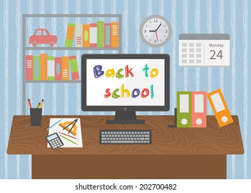 Back to school. Pupil room interior. Flat design vector illustration.