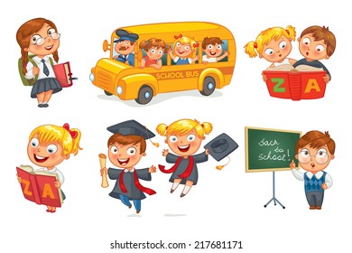 Back to school. Pupils in school uniform. Children ride the school bus. Schoolgirl reading a book. Schoolboy writing on the chalkboard. Vector illustration isolated on white background. Set