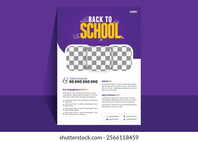 Back to school Purple, Modern advertising,Professional Corporate, Creative, minimal, Print Ready, 300 dpi A4,Sleek Flyer design Template For personal and business Individual.