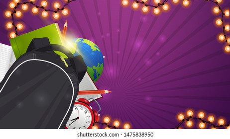 Back to school, purple template for your creativity with school supplies