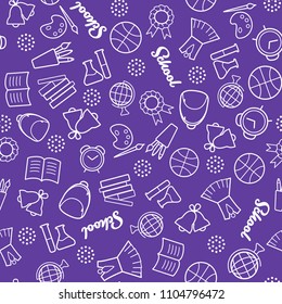 Back to school. Purple vector seamless pattern with outline signs and lettering