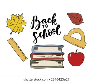 Back to school quote with book, apple, leaves, School doodle elements