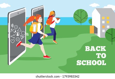 Back to school, quote. Happy kids, schoolers, boy, girl with backpacks are running out from smartphone screen, hurry back to real offline school, leave virtual life. Vector, end of quarantine concept.