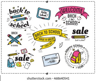 Back to school quotes catchword poster set. Colorful vector stickers. Modern hand written lettering doodles elements, calligraphy phrases