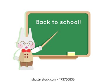 Back to school. Rabbit teacher with a pointer near the board.