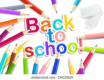 Back  to school. Rainbow  pencils and eraser isolated on the white background. Vector EPS10.