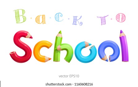 Back to school. Rainbow vector inscription. Funny text painted with colored crayons. Logo School is formed by realistic 3d pencils that are bent into flexible colorful letters. Isolated original font.