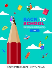 Back to school, read the book, big pencil, child, kids, social distancing, flat design, vector illustration.