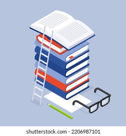 Back to school reading book at library isometric vector illustration. Stack of books with ladder. Educational literature textbook with eyeglasses and watch. Knowledge information, exam preparation,