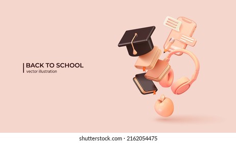 Back to school. Realistic 3d design of school supplies in cartoon minimal style. Academic cap, books, headphones and smartphone. Vector illustration - Shutterstock ID 2162054475