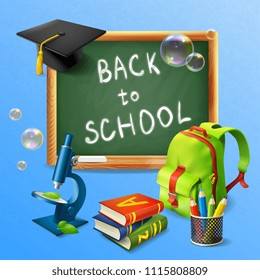 Back to school realistic background with blackboard school bag tutorials microscope vector illustration