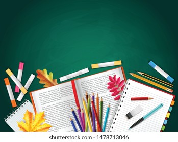 Back to school realistic background with books pencils crayons autumn leaves rubber vector illustration