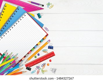 Back to school realistic background with colorful stationary on wooden surface vector illustration