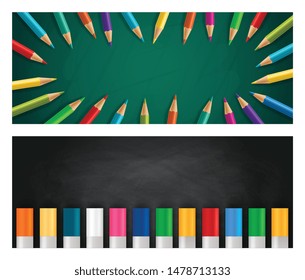 Back to school realistic horizontal banners set with colorful crayons and pencils on chalk board background isolated vector illustration