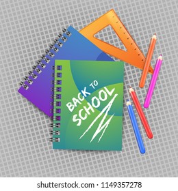 Back to school with realistic ruler, notebook and pencils