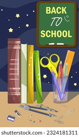 Back to School, Realistic vector of subjects to study. Blue background, Application for posters, Banners and postcards, Childrens bright illustration