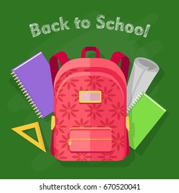 Back to school. Red backpack with flower print and one pocket. School objects behind. Yellow ruler, green and violet notebooks, rolled white piece of paper. Cartoon style. Flat design. Vector