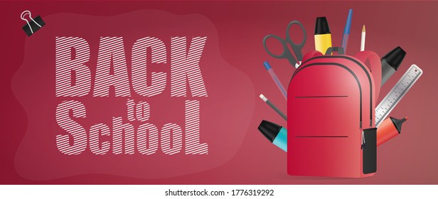 Back to school red banner. School supplies, pen, pencil, marker, ruler, scissors, paper clip. Vector.