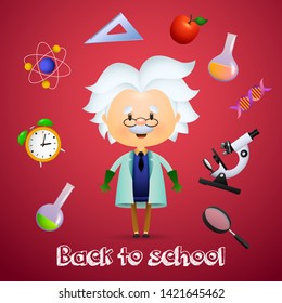Back to school red poster design. Senior professor surrounded by test tubes, molecules, microscope and magnifier. Vector illustration can be used for banners, ads, signs