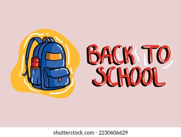 Back to school red vintage sign with blue school bag isolated on background. Vector hand drawn illustration with blue backpack. Educational banner design