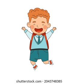 Back to School with Redhead Boy in Blue Uniform with Backpack Jumping with Joy Vector Illustration