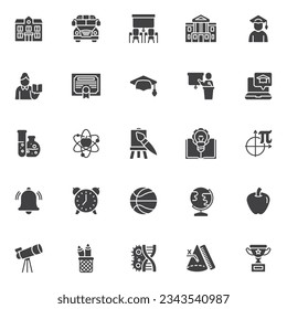Zurück zu Schule bezogenen Vektorsymbole Set, moderne solide Symbolsammlung, gefülltes Piktogramm-Paket. Zeichen Logo-Illustration. Set enthält Symbole wie Buch, Lehrer, Schüler, Schule, Schulbus, Wissenschaft