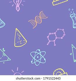 Back to school repeating background. Vector illustrations of educational supplies in doodle style. Seamless pattern.