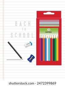 Back school retro banner. Back to school. Education concept, pencil, color pencil box, sharpener, eraser  and a notebook, vector illustration.