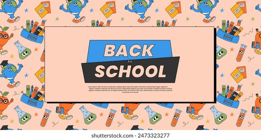 Back school retro banner with retro groovy characters. Back to school and education concept. Contemporary vector illustration
