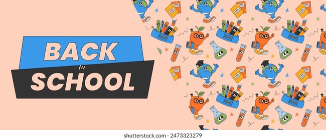 Back school retro banner with retro groovy characters. Back to school and education concept. Contemporary horizontal vector illustration