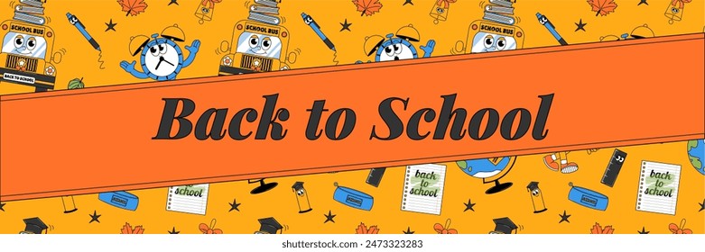 Back school retro banner with retro groovy characters. Back to school and education concept. Contemporary vector illustration