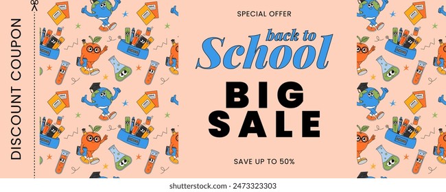 Back school retro banner with retro groovy characters. Big sale, discount coupon, special offer. Back to school, education concept. Contemporary vector illustration