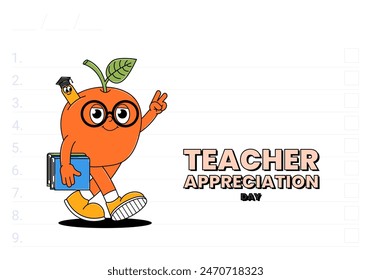 Back school retro banner. Teacher Appreciation Day. Education concept. Cute walking apple in glasses with books and worm. Contemporary vector illustration

