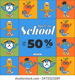 Back school retro card with retro groovy characters in a squares. Super sale and special offer. Back to school, education concept. Contemporary vector illustration 