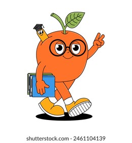 Back to school retro character. Cute walking apple in glasses with books and worm. Funky groovy sticker on a transparent background. Contemporary vector illustration.