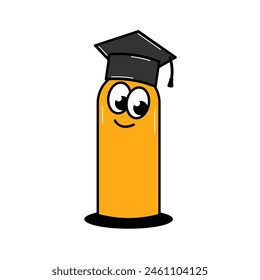 Back to school retro character. Funny worm with face in a graduation cap. Funky groovy template on a transparent background. Contemporary vector illustration.